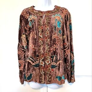 Vintage 90s Whimsy Brown Silk Blend Floral Boho Hippie Velvet Jacket Fits Sz S/M